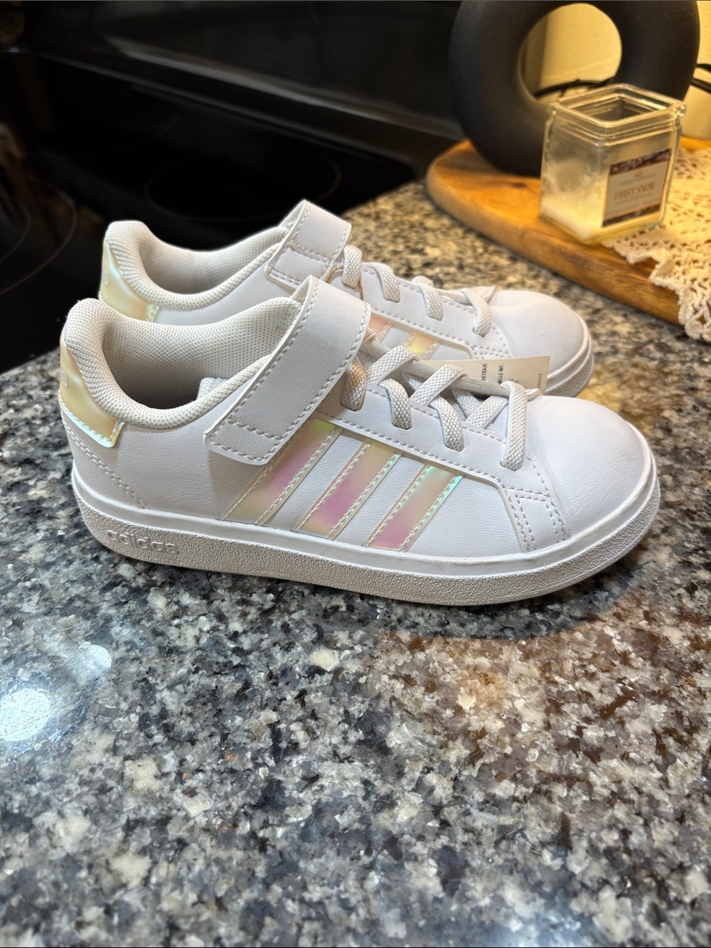 adidas Kids White Sneakers with Iridescent Stripes